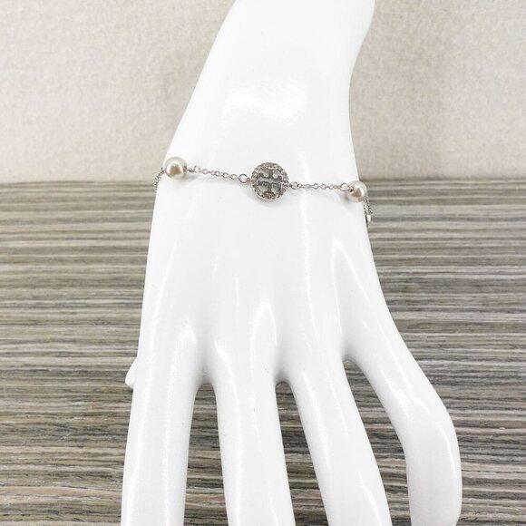 Tory Burch Crystal Logo & Imitation Pearl Station Bracelet Silver OS - Picture 9 of 15
